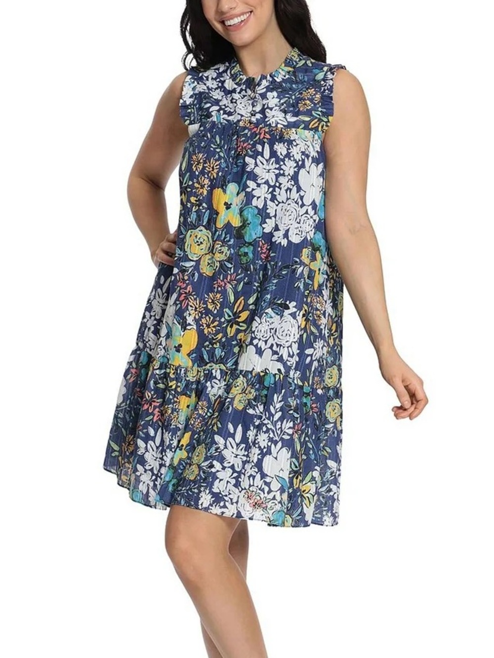 London Times | Women’s Navy/Multi Floral Sleeveless Ruffle Neck Shift Dress  S
